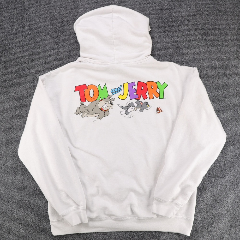 Tom and Jerry Retro Graphic Hoodie Mens Cotton Blend White Large